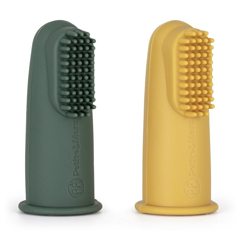 Set 2 periute de dinti pentru deget din silicon Petite&Mars cu cutie de depozitare Galben/Verde, imagine 1