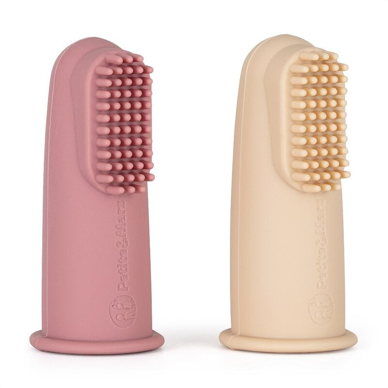 Set 2 periute de dinti pentru deget din silicon Petite&Mars cu cutie de depozitare Roz/Bej, imagine 2