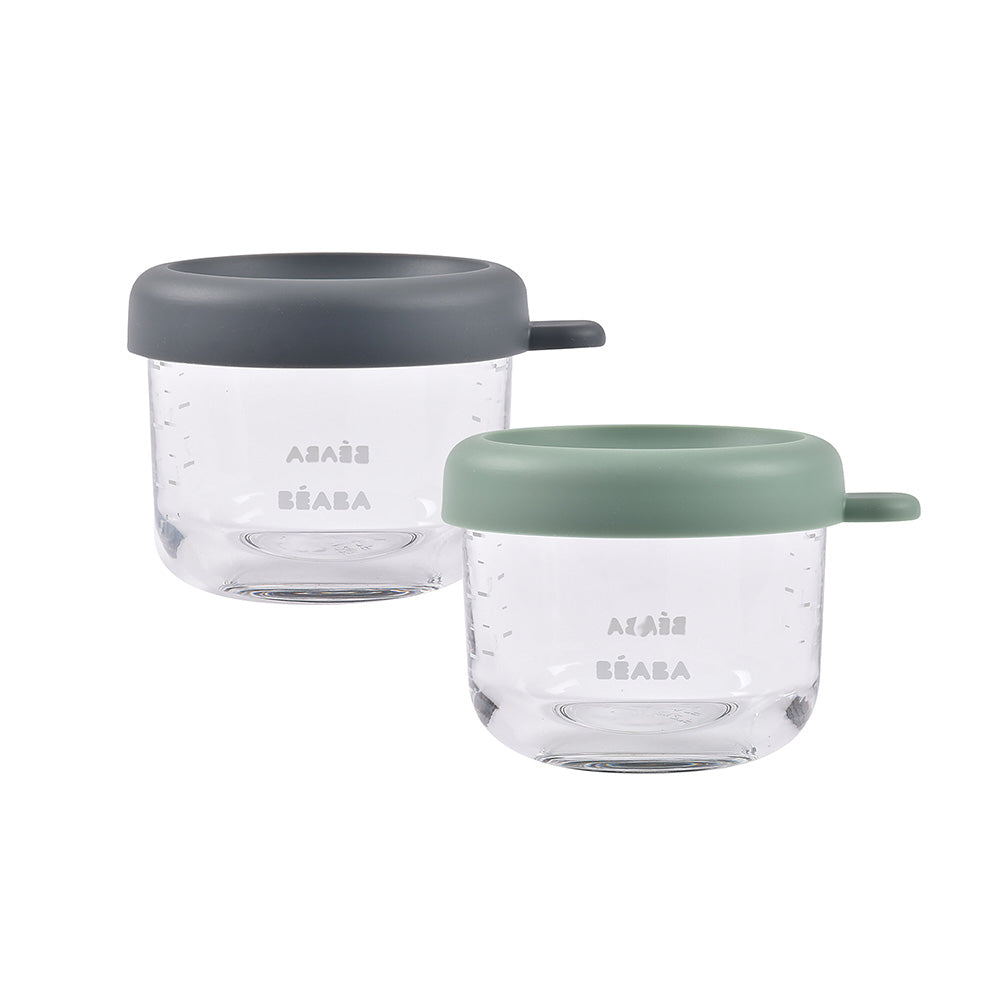Set 2 recipiente ermetice din sticla Beaba 150 ml Mineral / Sage Green