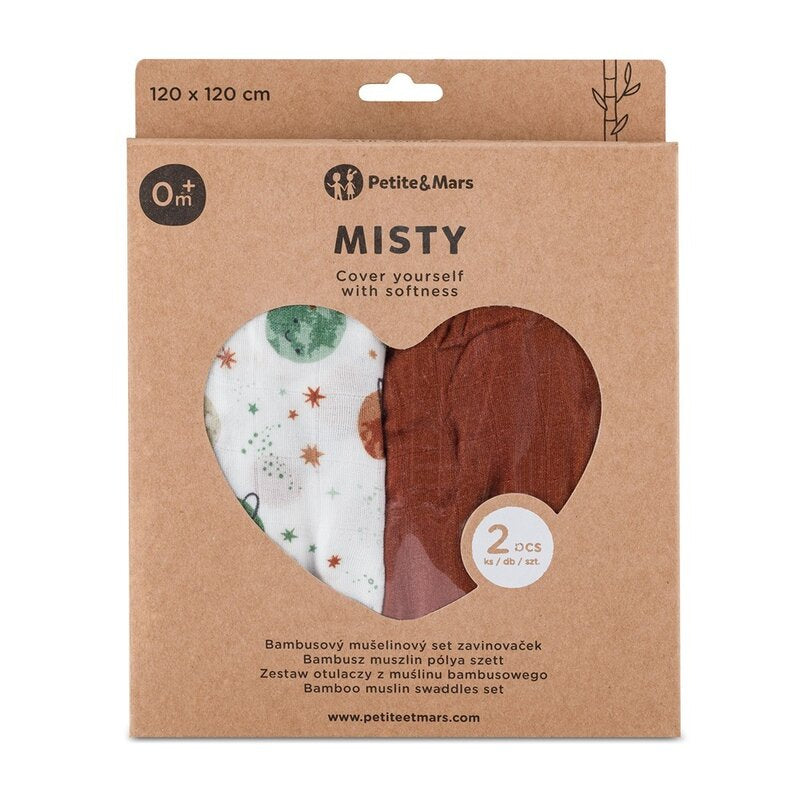 Set 2 scutece, Petite&Mars, Misty, Din muselina de bambus, Hipoalergenice, Dimensiuni mari, 120 x 120 cm, Certificate Oeko Tex Standard 100, Celestial Planets
