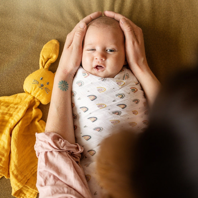 Set 2 scutece, Petite&Mars, Misty Rose Rainbow, Din muselina de bambus, Hipoalergenice, Dimensiuni mari 120 x 120 cm, Certificate Oeko Tex Standard 100, Multicolor