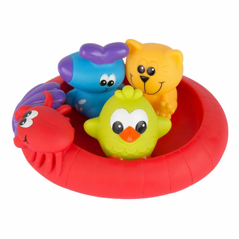 Set 3 animalute de baie si barca plutitoare, Playgro, Fara gauri, Cu gentuta pentru transport, Fara BPA, Splash and Float Friends, Multicolor
