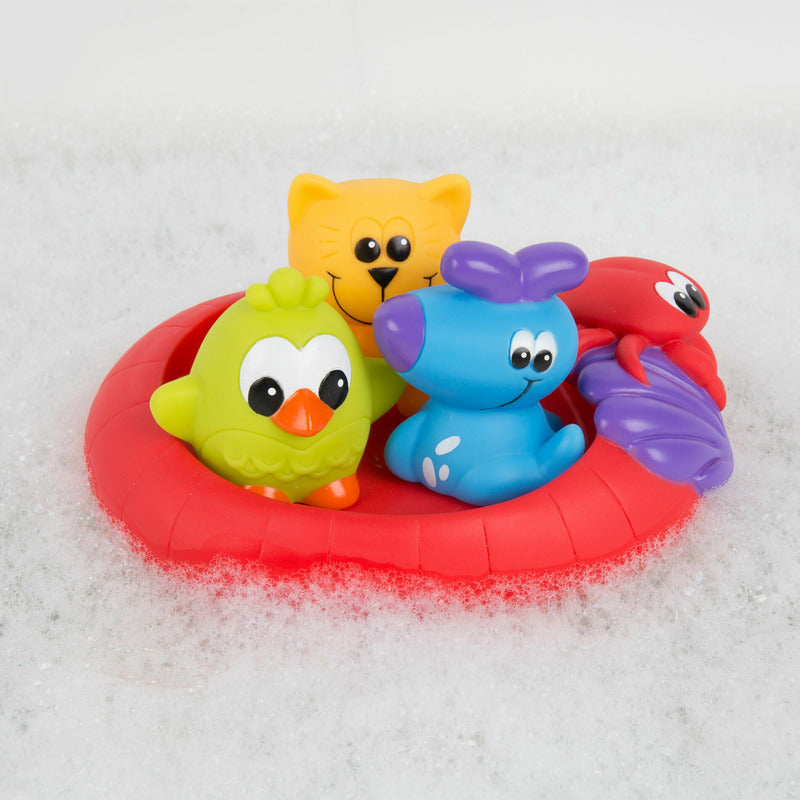 Set 3 animalute de baie si barca plutitoare, Playgro, Fara gauri, Cu gentuta pentru transport, Fara BPA, Splash and Float Friends, Multicolor