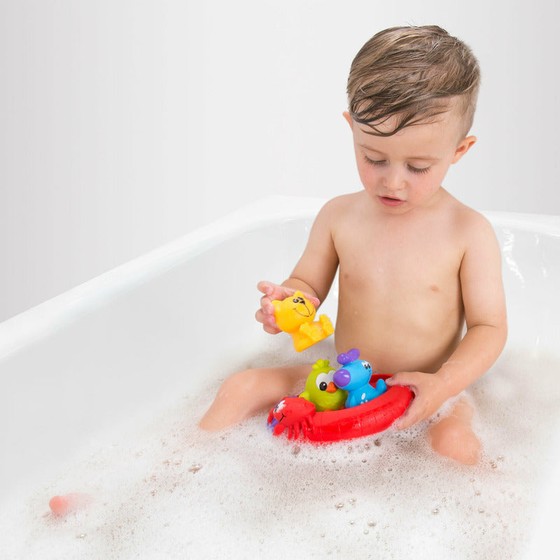 Set 3 animalute de baie si barca plutitoare, Playgro, Fara gauri, Cu gentuta pentru transport, Fara BPA, Splash and Float Friends, Multicolor