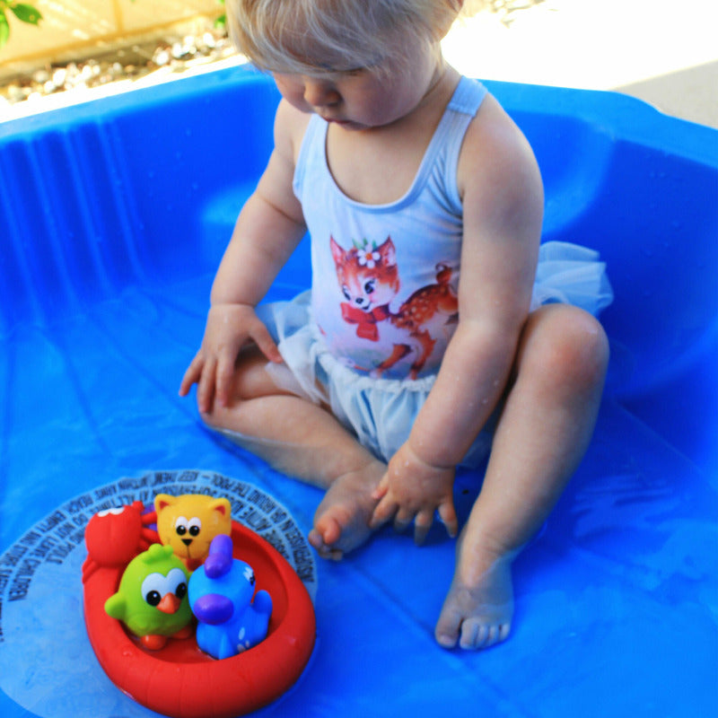 Set 3 animalute de baie si barca plutitoare, Playgro, Fara gauri, Cu gentuta pentru transport, Fara BPA, Splash and Float Friends, Multicolor