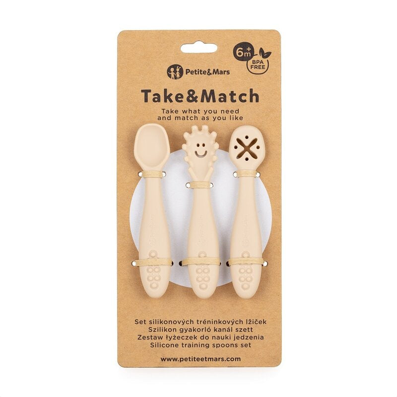 Set 3 lingurite, Petite&Mars, Diverse forme, Pentru supa, paste, alimente usoare, Dezvolta simturile si abilitatile senzoriale, Silicon, Fara BPA, 6 luni+, Bej