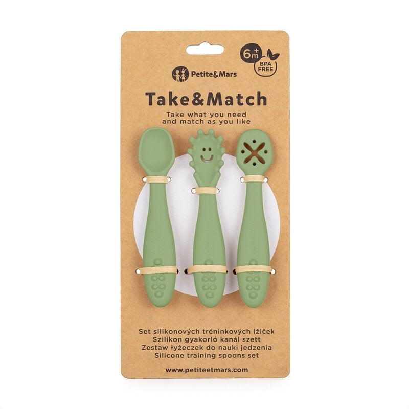 Set 3 lingurite, Petite&Mars, Take&Match, Din silicon, Diverse forme, Pentru supa, paste, alimente usoare, Dezvolta simturile si abilitatile senzoriale, Adecvate pentru masina de spalat vase, Fara BPA, 6 luni+, Sweet Pea, Verde