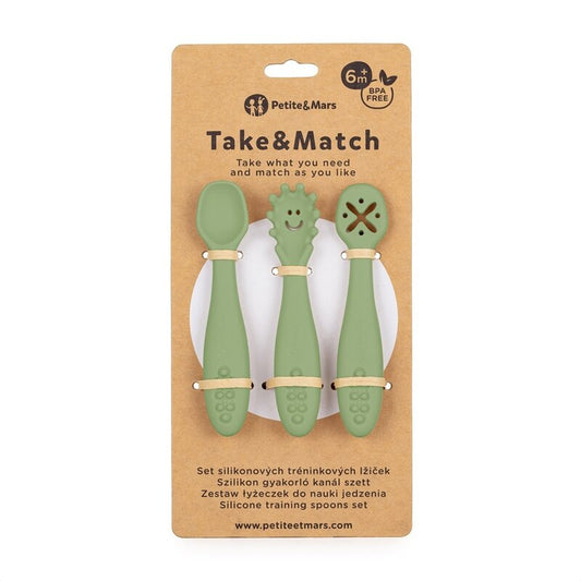 Set 3 lingurite, Petite&Mars, Take&Match, Din silicon, Diverse forme, Pentru supa, paste, alimente usoare, Dezvolta simturile si abilitatile senzoriale, Adecvate pentru masina de spalat vase, Fara BPA, 6 luni+, Sweet Pea, Verde