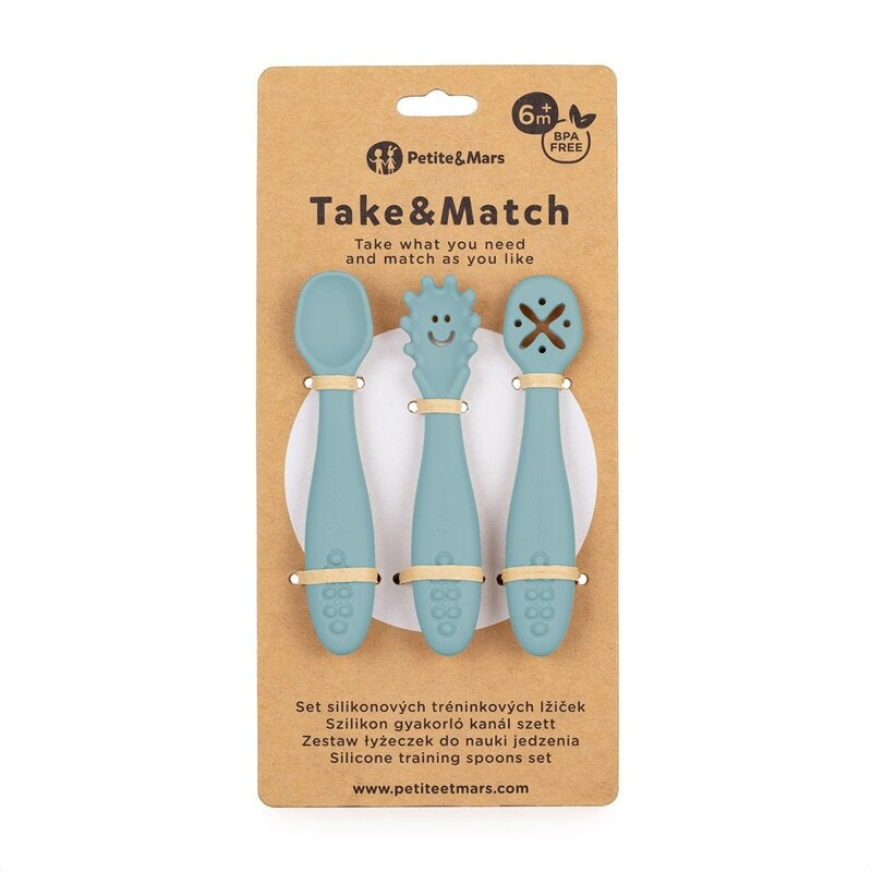 Set 3 lingurite, Petite&Mars, Take&Match, Din silicon, Diverse forme, Pentru supa, paste, alimente usoare, Dezvolta simturile si abilitatile senzoriale, Adecvate pentru masina de spalat vase, Fara BPA, 6 luni+, Frosted Sky, Albastru