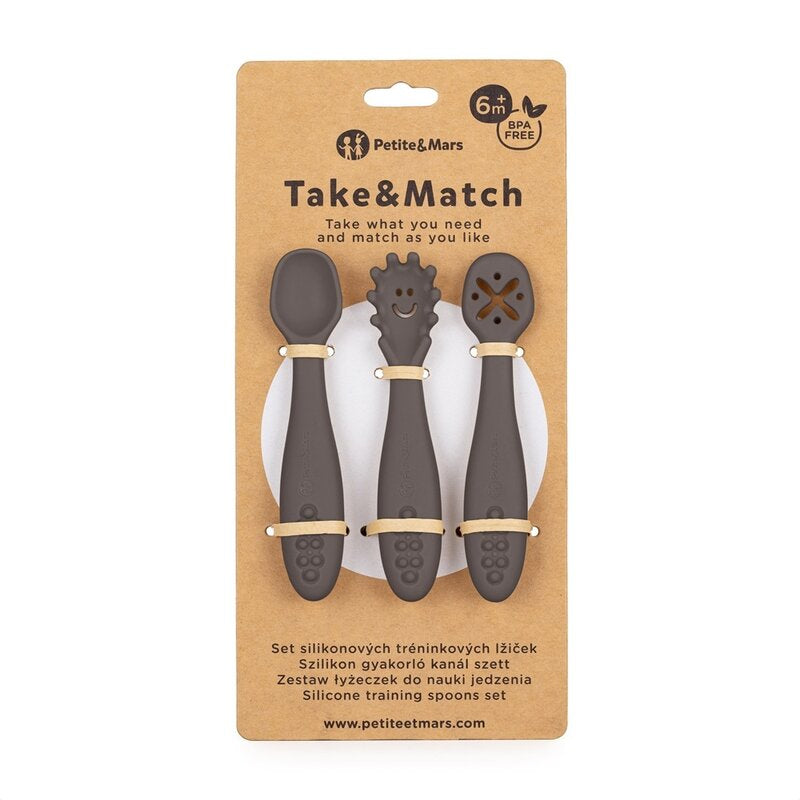 Set 3 lingurite, Petite&Mars, Take&Match, Din silicon, Diverse forme, Pentru supa, paste, alimente usoare, Dezvolta simturile si abilitatile senzoriale, Adecvate pentru masina de spalat vase, Fara BPA, 6 luni+, Bitter Cocoa, Maro
