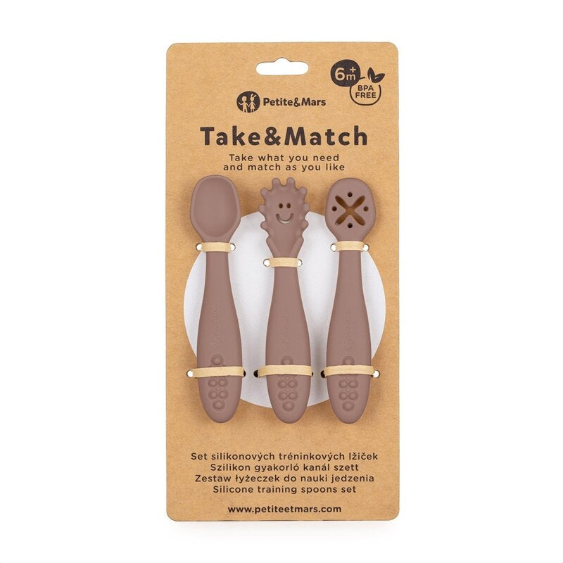 Set 3 lingurite, Petite&Mars, Take&Match, Din silicon, Diverse forme, Pentru supa, paste, alimente usoare, Dezvolta simturile si abilitatile senzoriale, Adecvate pentru masina de spalat vase, Fara BPA, 6 luni+, Velvet Latte, Maro