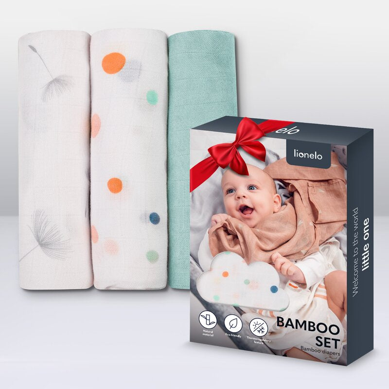 Set 3 museline, Lionelo, Dot, Multifunctionale, Din bambus, Ideale pentru infasat, Cu proprietati antibacteriene, antifungice si antialergice, Lavabile la masina de spalat, 70x70 cm, Multicolor