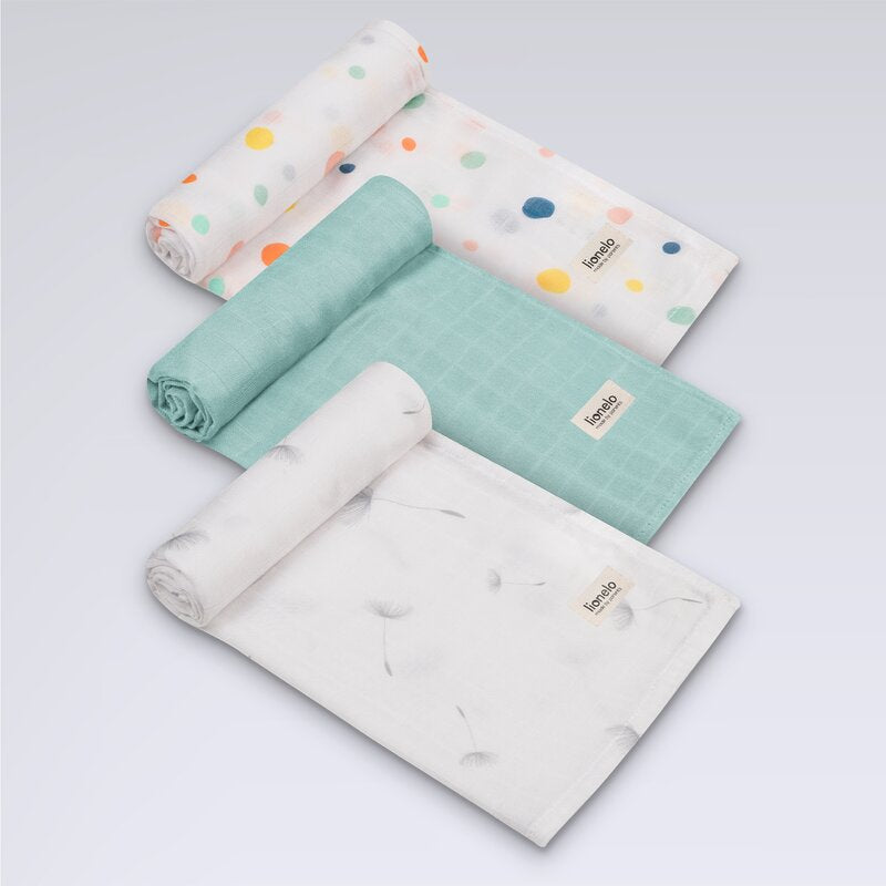 Set 3 museline, Lionelo, Dot, Multifunctionale, Din bambus, Ideale pentru infasat, Cu proprietati antibacteriene, antifungice si antialergice, Lavabile la masina de spalat, 70x70 cm, Multicolor