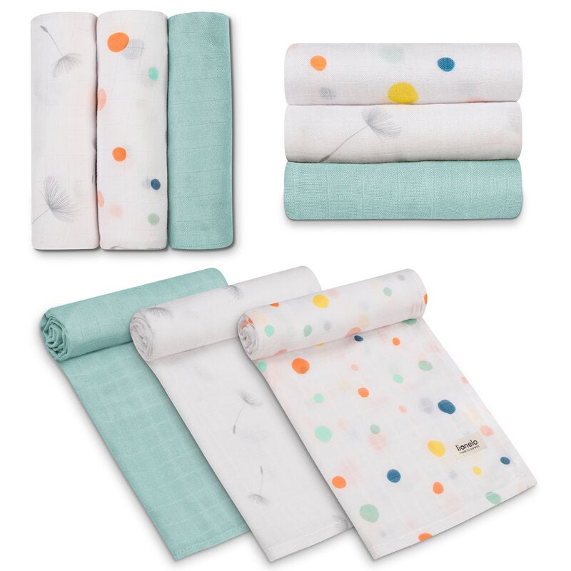 Set 3 museline, Lionelo, Dot, Multifunctionale, Din bambus, Ideale pentru infasat, Cu proprietati antibacteriene, antifungice si antialergice, Lavabile la masina de spalat, 70x70 cm, Multicolor