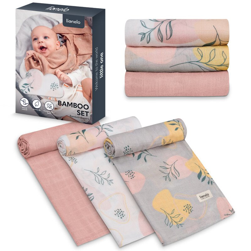 Set 3 museline, Lionelo, Leaf, Multifunctionale, Din bambus, Ideale pentru infasat, Cu proprietati antibacteriene, antifungice si antialergice, Lavabile la masina de spalat, 70x70 cm, Multicolor