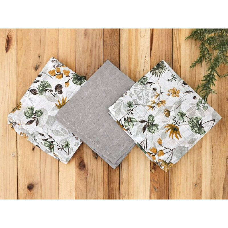 Set 3 museline, MimiNu, Multifunctionale, Din bumbac certificat Oeko Tex Standard 100, 30x30 cm, Botanica si Grey