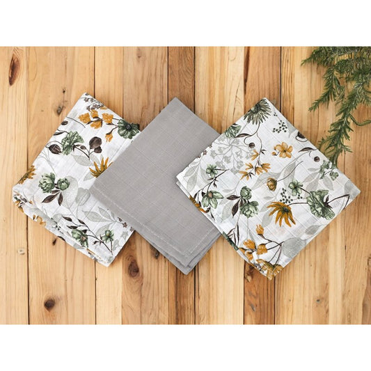 Set 3 museline, MimiNu, Multifunctionale, Din bumbac certificat Oeko Tex Standard 100, 30x30 cm, Botanica si Grey