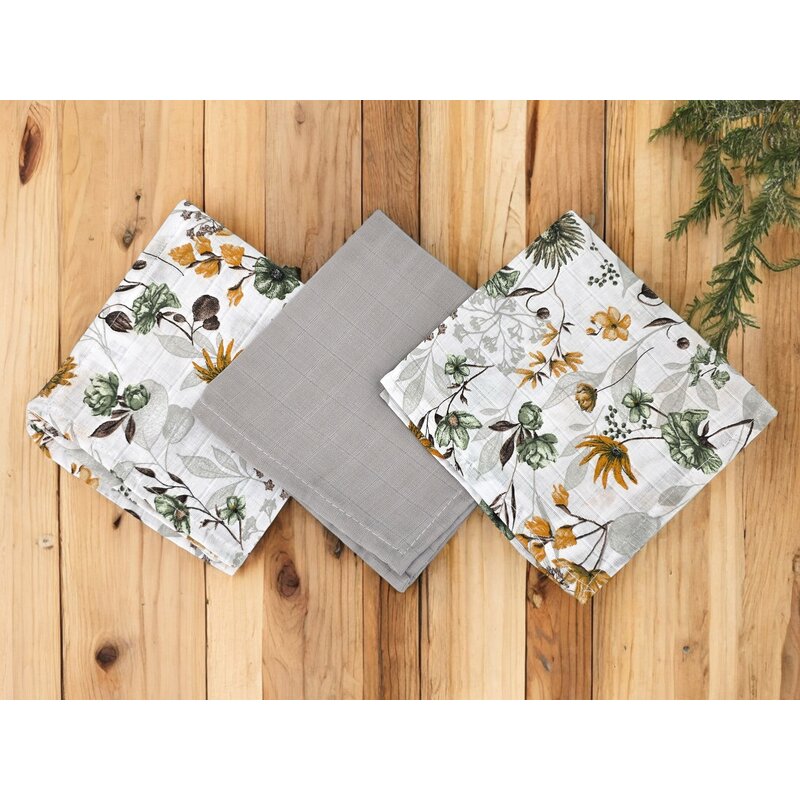 Set 3 museline Qmini 30x30 cm, Botanica și Gri