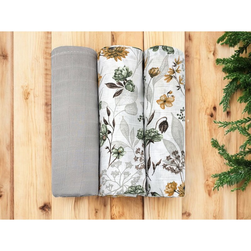 Set 3 museline Qmini 75x75 cm, Botanica și Gri