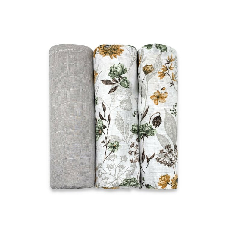 Set 3 museline, MimiNu, Multifunctionale, Din bumbac certificat Oeko Tex Standard 100, 75x75 cm, Botanica si Grey