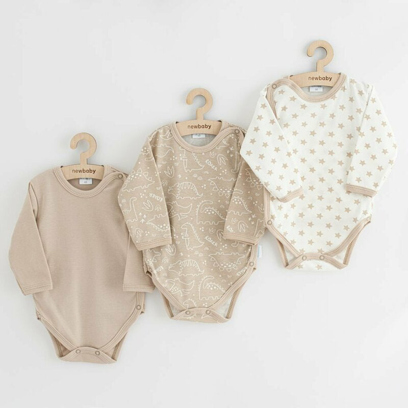 Set 3 piese, New Baby, Classic II, Include 3 body-uri cu maneca lunga, Marime 62, Din bumbac 100%, Beige