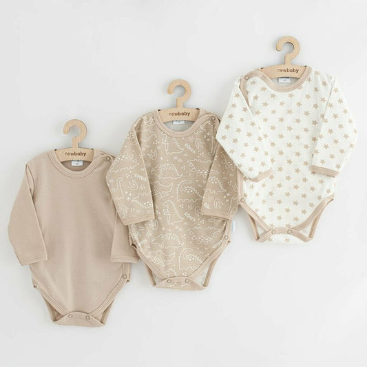 Set 3 piese, New Baby, Classic II, Include 3 body-uri cu maneca lunga, Marime 62, Din bumbac 100%, Beige
