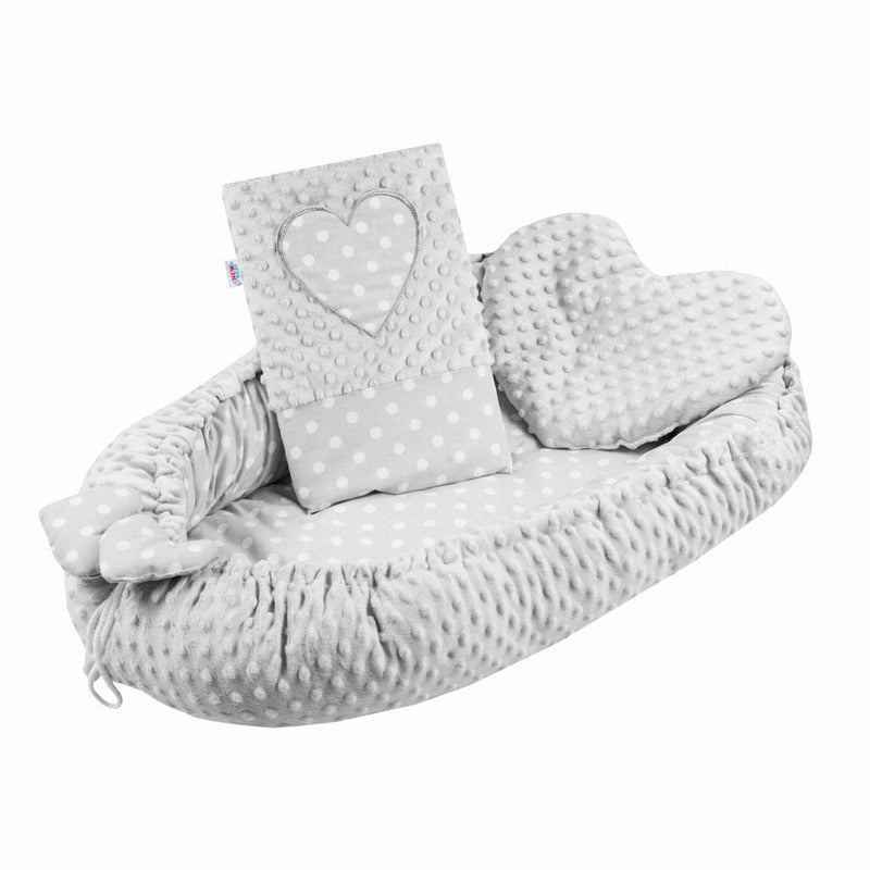 Set 3 piese, New Baby, Luxury, Baby Nest cu doua fete, Cu paturica si pernuta in forma de inima, Minky Heart Grey