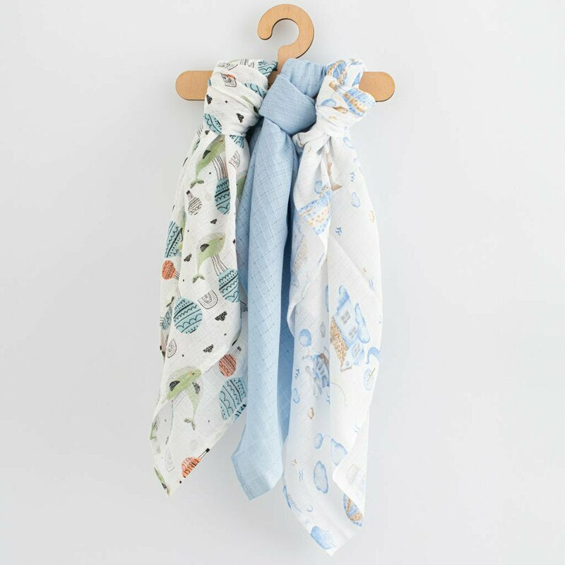 Set 3 scutece, New Baby, Multifunctionale, Din bumbac 100%, Material certificate Oeko Tex Standard 100, 70x80 cm, Multicolor, Boy