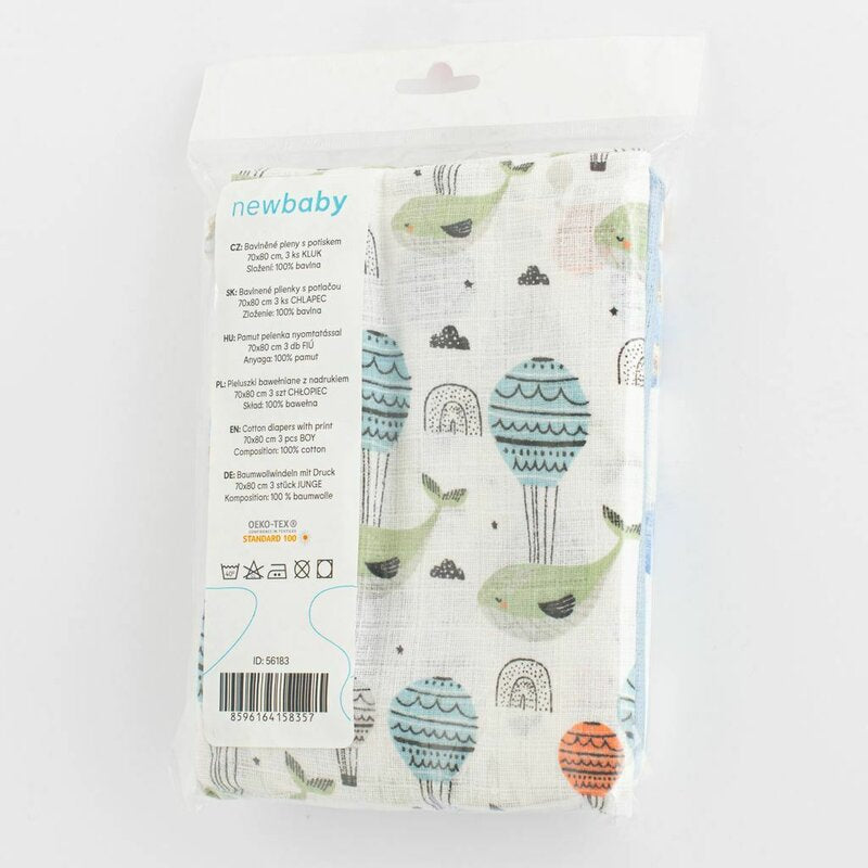 Set 3 scutece, New Baby, Multifunctionale, Din bumbac 100%, Material certificate Oeko Tex Standard 100, 70x80 cm, Multicolor, Boy