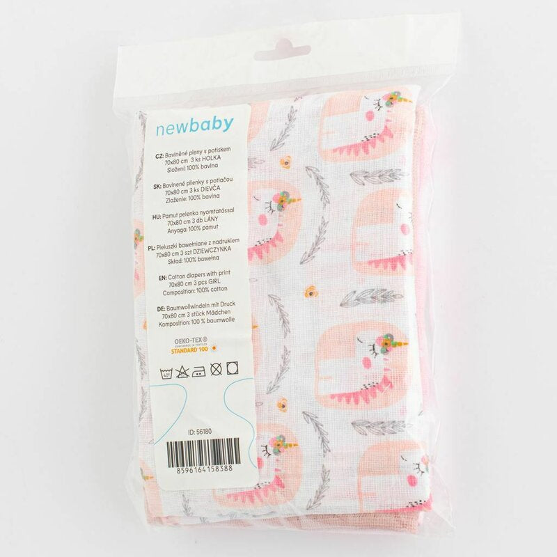 Set 3 scutece, New Baby, Multifunctionale, Din bumbac 100%, Material certificate Oeko Tex Standard 100, 70x80 cm, Multicolor, Girl