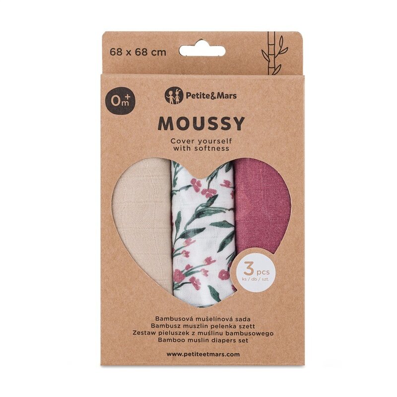 Set 3 scutece, Petite&Mars, Moussy, Din muselina de bambus, Hipoalergenice, 68 x 68 cm, Certificate Oeko Tex Standard 100, Pink Meadow
