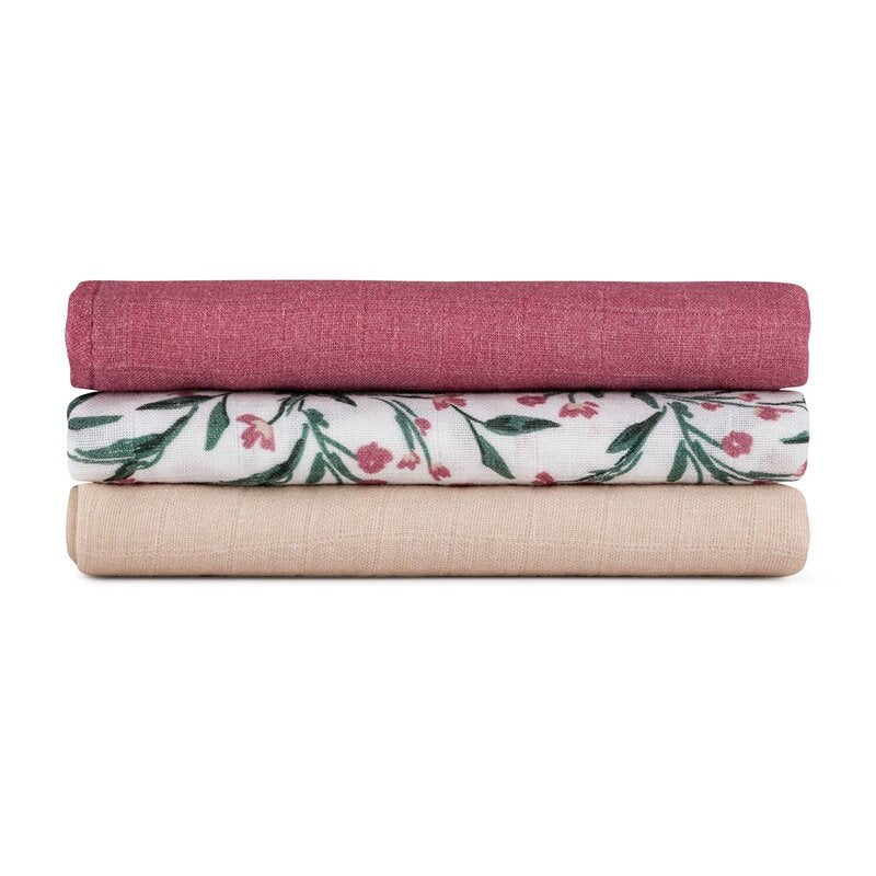 Set 3 scutece, Petite&Mars, Moussy, Din muselina de bambus, Hipoalergenice, 68 x 68 cm, Certificate Oeko Tex Standard 100, Pink Meadow