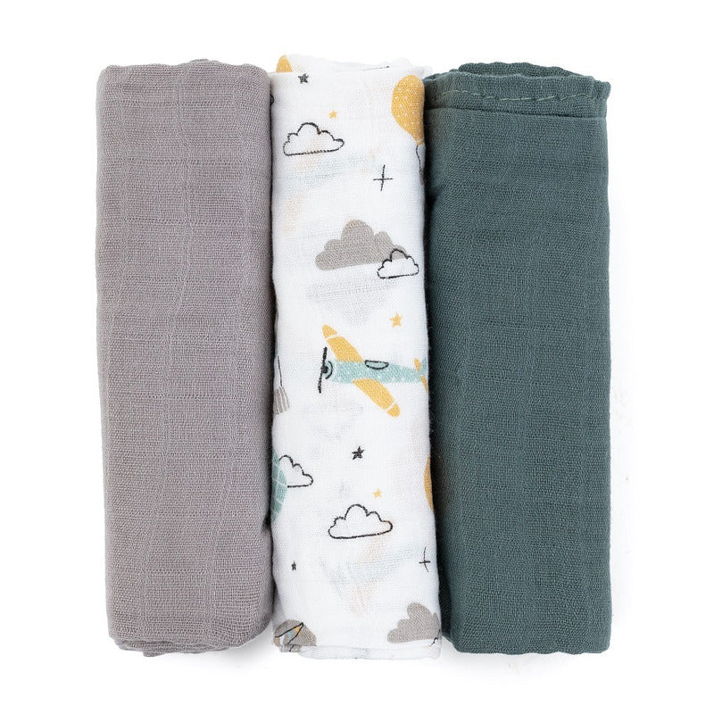 Set 3 scutece Petite&Mars Moussy 68x68 Grey Planes, imagine 2