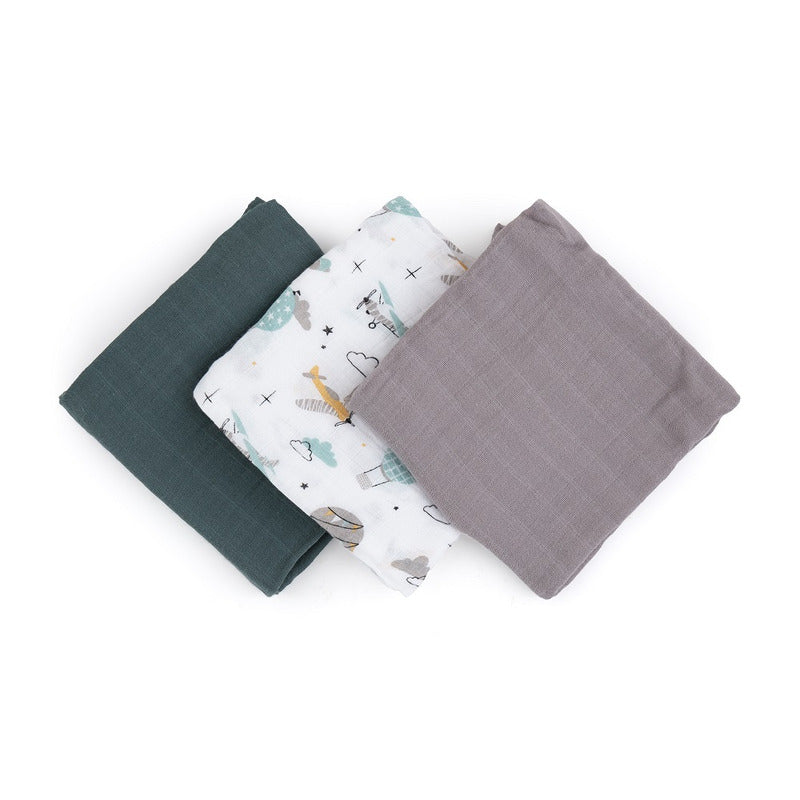 Set 3 scutece, Petite&Mars, Moussy Grey Planes, Din muselina de bambus, Hipoalergenice, 68 x 68 cm, Certificate Oeko Tex Standard 100, Multicolor