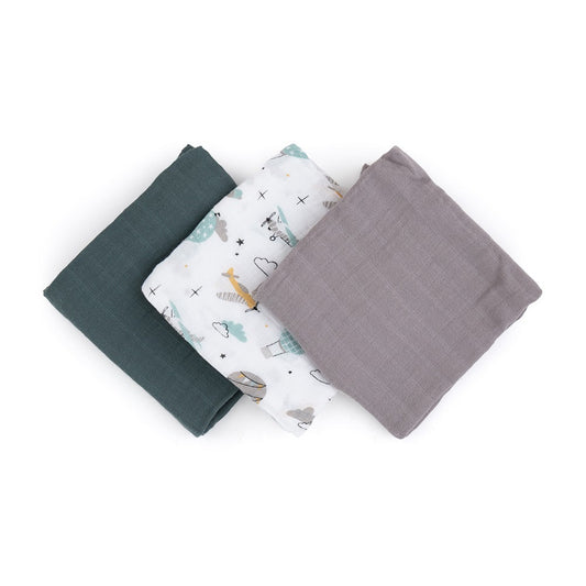 Set 3 scutece, Petite&Mars, Moussy Grey Planes, Din muselina de bambus, Hipoalergenice, 68 x 68 cm, Certificate Oeko Tex Standard 100, Multicolor