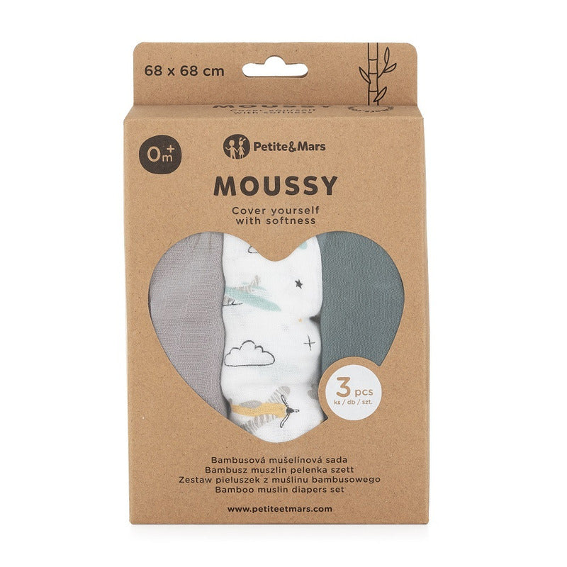 Set 3 scutece Petite&Mars Moussy 68x68 Grey Planes, imagine 3