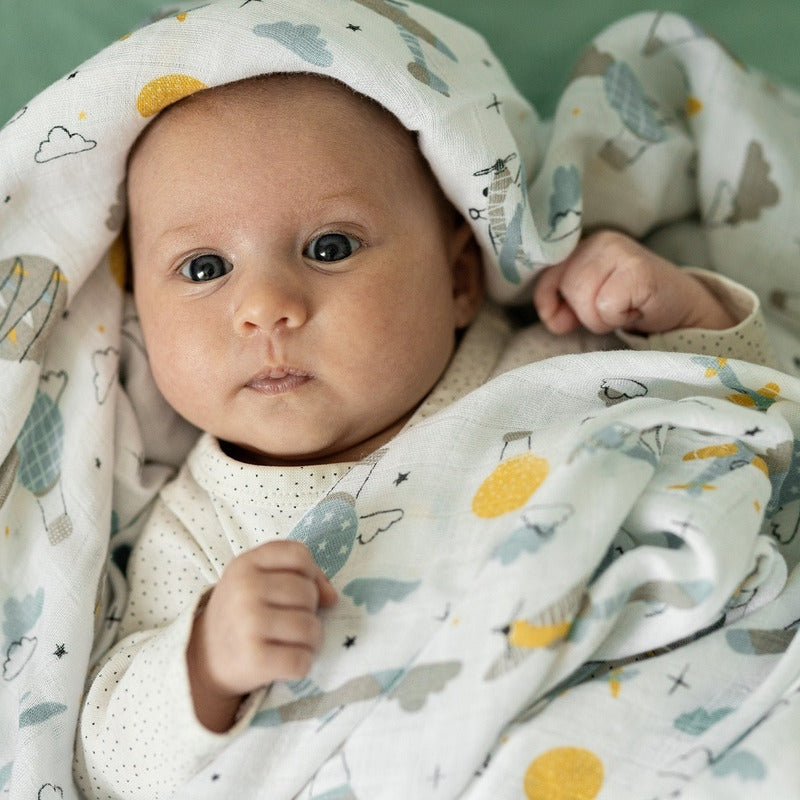 Set 3 scutece, Petite&Mars, Moussy Grey Planes, Din muselina de bambus, Hipoalergenice, 68 x 68 cm, Certificate Oeko Tex Standard 100, Multicolor