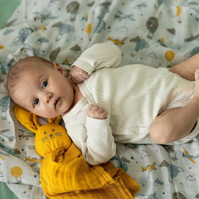 Set 3 scutece, Petite&Mars, Moussy Grey Planes, Din muselina de bambus, Hipoalergenice, 68 x 68 cm, Certificate Oeko Tex Standard 100, Multicolor