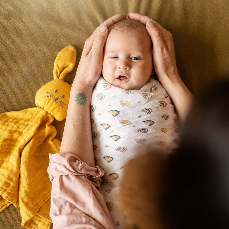 Set 3 scutece, Petite&Mars, Moussy Rose Rainbow, Din muselina de bambus, Hipoalergenice, 68 x 68 cm, Certificate Oeko Tex Standard 100, Multicolor