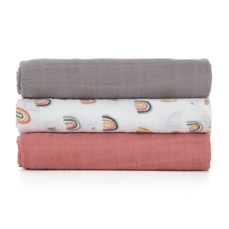 Set 3 scutece, Petite&Mars, Moussy Rose Rainbow, Din muselina de bambus, Hipoalergenice, 68 x 68 cm, Certificate Oeko Tex Standard 100, Multicolor