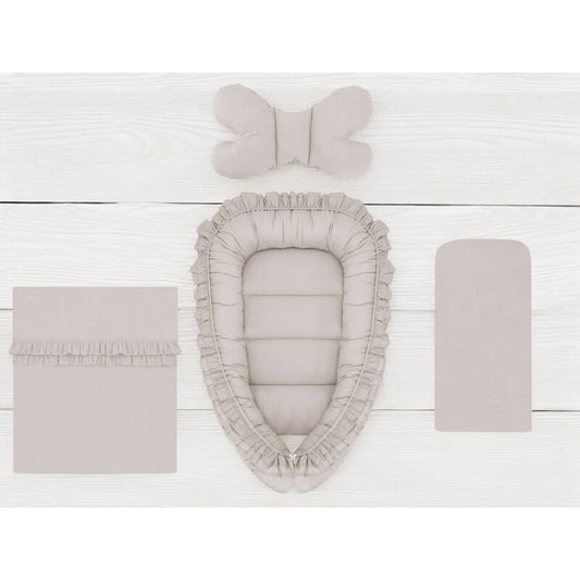 Set 4 in 1 Cosulet bebelus, MimiNu, Baby Cocoon 75x55 cm, Cu volanase, Husa bumbac, Din bumbac certificat Oeko Tex Standard 100, Cu paturica cu volanase 50x70 cm, Cu salteluta, Cu perna fluture, Colectia Royal, Beige