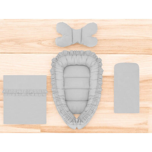 Set 4 in 1 Cosulet bebelus, MimiNu, Baby Cocoon 75x55 cm, Cu volanase, Husa bumbac, Din bumbac certificat Oeko Tex Standard 100, Cu paturica cu volanase 50x70 cm, Cu saltelut, Cu perna fluture, Colectia Royal, Grey
