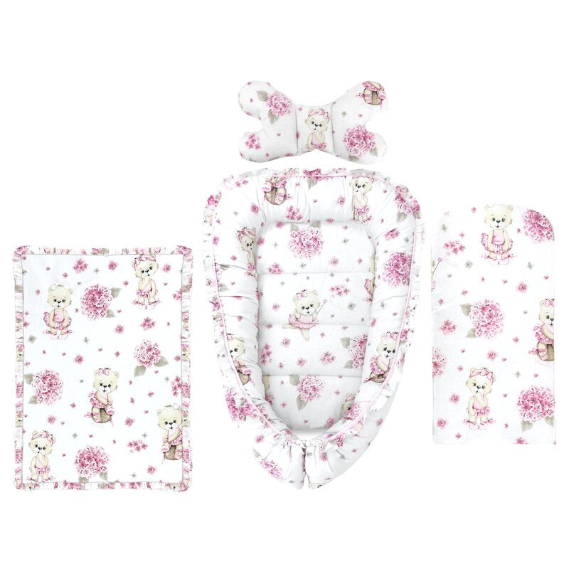 Set 4 in 1 Cosulet bebelus, MimiNu, Baby Cocoon 75x55 cm, Husa bumbac, Din bumbac certificat Oeko Tex Standard 100, Cu paturica 50x70 cm, Cu salteluta, Cu perna fluture, Design, Pink Ballerina