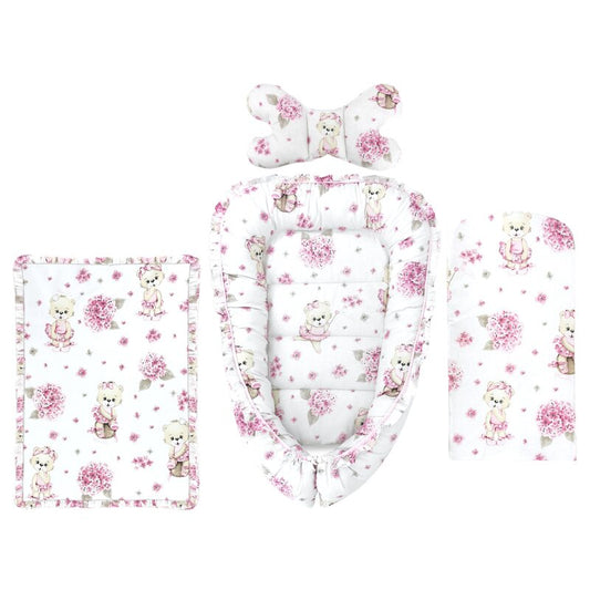 Set 4 in 1 Cosulet bebelus, MimiNu, Baby Cocoon 75x55 cm, Husa bumbac, Din bumbac certificat Oeko Tex Standard 100, Cu paturica 50x70 cm, Cu salteluta, Cu perna fluture, Design, Pink Ballerina