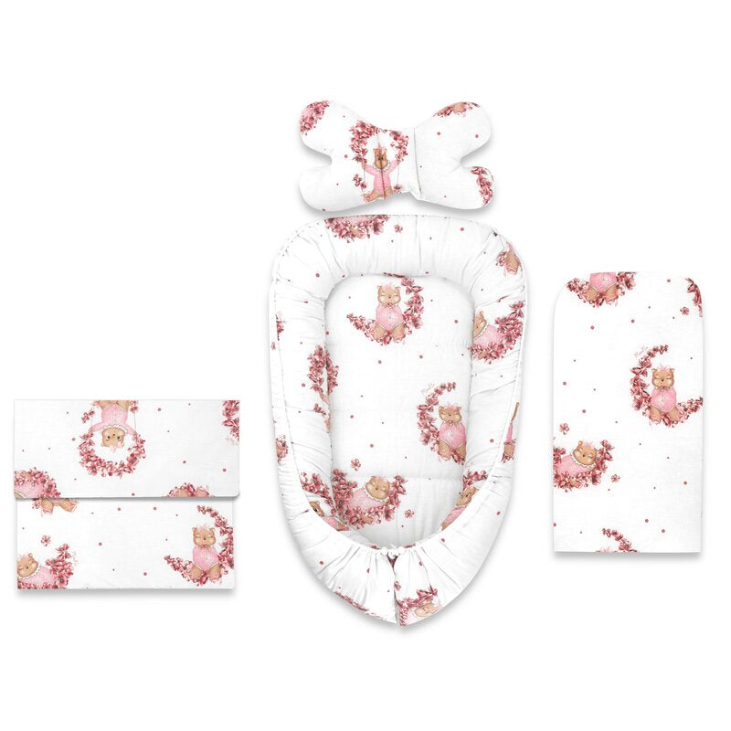 Set 4 in 1 Cosulet bebelus, MimiNu, Baby Cocoon 75x55 cm, Husa bumbac, Din bumbac certificat Oeko Tex Standard 100, Cu paturica 50x70 cm, Cu salteluta, Cu perna fluture, Design, Betty