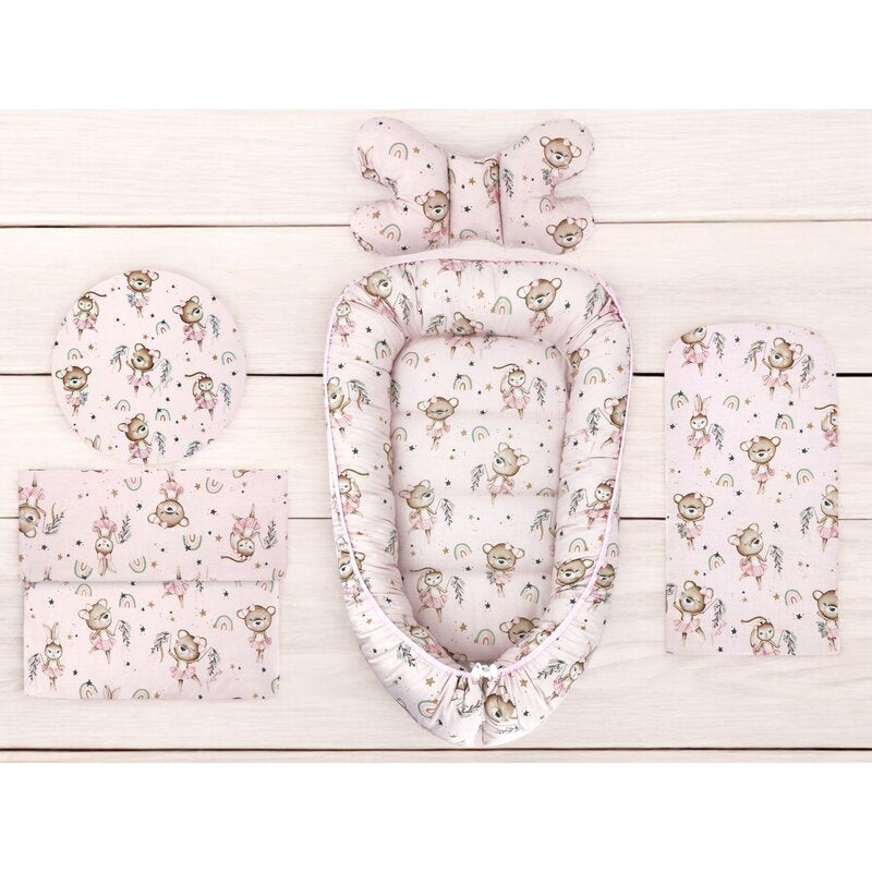 Set 4 in 1 Cosulet bebelus, MimiNu, Baby Cocoon 75x55 cm, Husa bumbac, Din bumbac certificat Oeko Tex Standard 100, Cu paturica 50x70 cm, Cu salteluta, Cu perna fluture, Design, Little Ballerina Pink