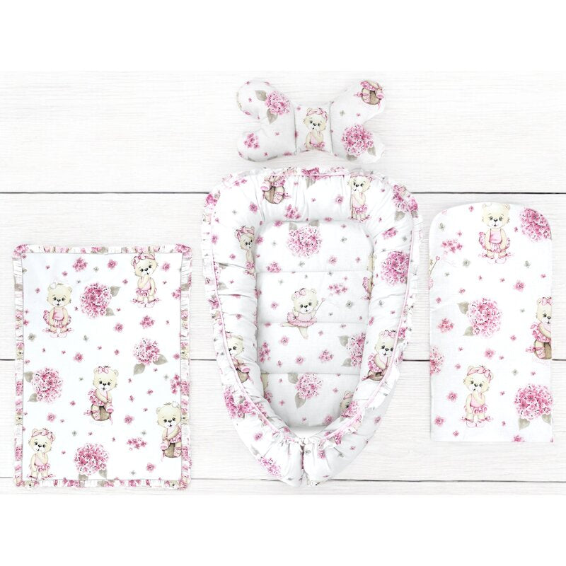 Set 4 in 1 Cosulet bebelus, MimiNu, Baby Cocoon 75x55 cm, Husa bumbac, Din bumbac certificat Oeko Tex Standard 100, Cu paturica 50x70 cm, Cu salteluta, Cu perna fluture, Design, Pink Ballerina