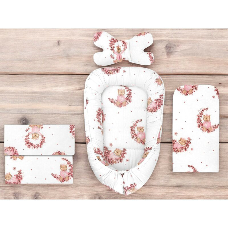 Set 4 in 1 Cosulet bebelus, MimiNu, Baby Cocoon 75x55 cm, Husa bumbac, Din bumbac certificat Oeko Tex Standard 100, Cu paturica 50x70 cm, Cu salteluta, Cu perna fluture, Design, Betty