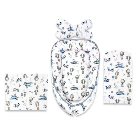 Set 4 în 1 Coșuleț Bebeluș MimiNu Baby Cocoon 75x55 cm Blue Plane | Bumbac Oeko-Tex