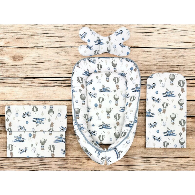 Set 4 in 1 Cosulet bebelus, MimiNu, Baby Cocoon 75x55 cm, Husa bumbac, Din bumbac certificat Oeko Tex Standard 100, Cu paturica 50x70 cm, Cu salteluta, Cu perna fluture, Blue Plane